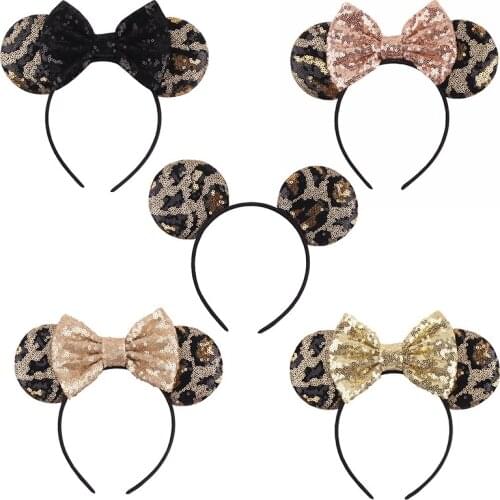 Disney Mickey Headwear Popular Leopard Sequins Mouse Ear Women&Girl Hairband Handmade DIY Hair Accessories Headband