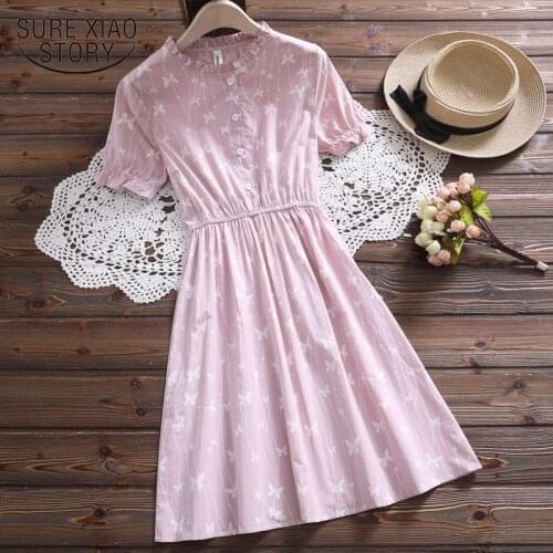 2021 Sweet Dress Women Vestidos Summer New Short Sleeve Blue Pink Mini Dress Women Floral Kawaii Print Cotton Dress Female 9521