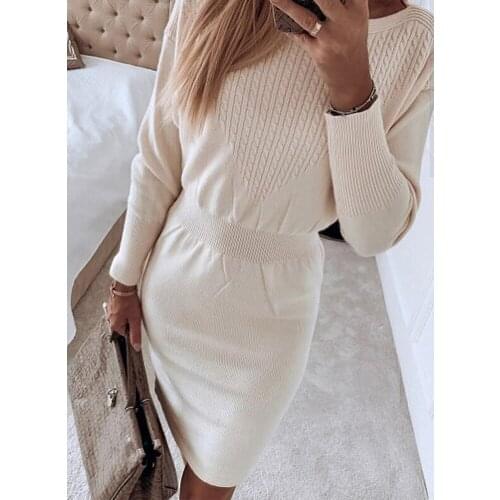 New Autumn Winter Sweater Dress Women Fashion Knitted DressTwist Pattern Bodycon Dress Bottoming Knit Solid Color
