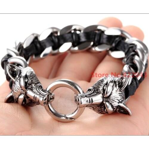 8.66" * 16mm Fashion Mens 316L Stainless Steel 3D Wolf Head Cuban Bangle Black Leather Hide Rope Cuban Chain Bracelets Jewelry