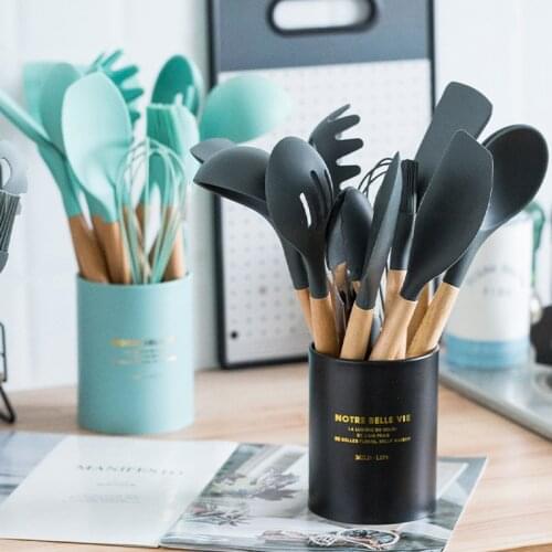 ATUCOHO Store 12/13 Pieces Silicone Cookware Wooden Handle Set Of kitchenware With Stainless Steel Storage Box Cooking Tools