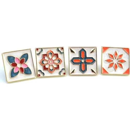 Free shipping wholesale 12pcs/ lot costume jewellery bag jean accessories metal enamel square flower tile brooch button pin