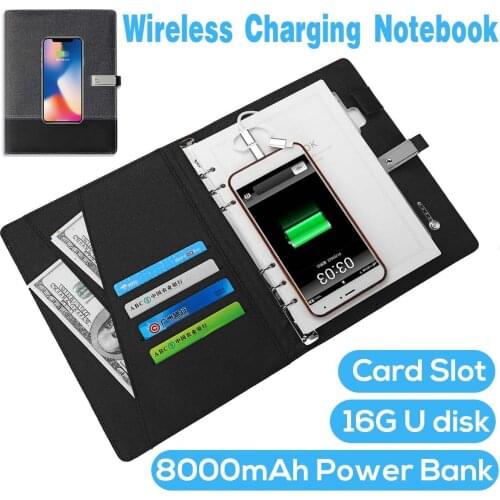 Qi Wireless Charging Note Book Power Bank Notebook Multi Functional 8000mAh Power Bank Binder Spiral Diary Book+USB Flash Disk