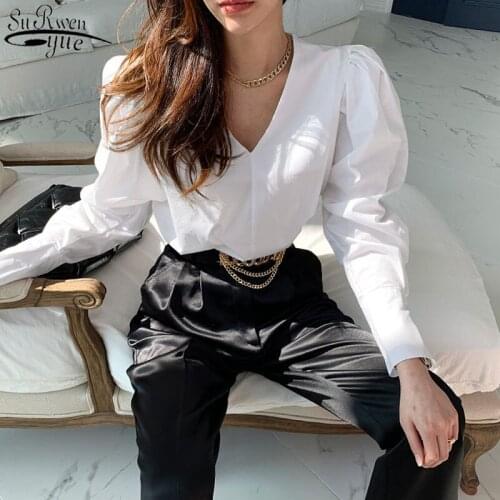 Solid White Blouse Office Lady Shirt Cotton Korean Chic Shirt Women Fashion V-neck Plus Size Loose Tops Blusas Blouses 12870