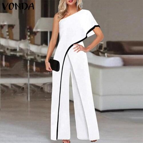 Long Trousers Wide Leg Office Overalls Palazzo Pantalones VONDA 2021 Women Loose Solid One Shoulder Jumpsuits