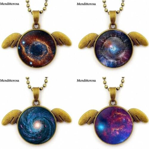 For Women Gift Vintage Glass Cabochon Jewelry With Choker Long Bronze Angel Wings Pendant Necklace Fractal Mandala Galaxy Nebula