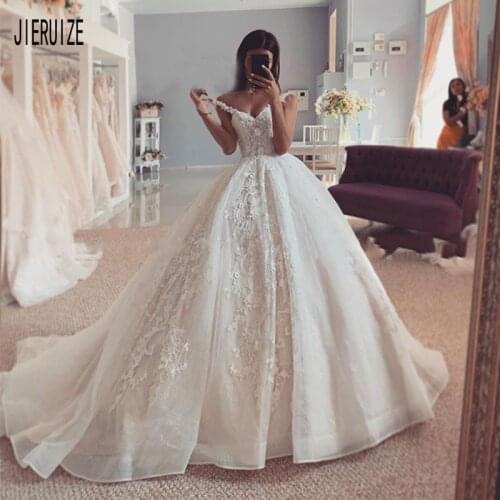JIERUIZE Latest Organza Ball Gown Wedding Dress Spaghetti Straps Lace Up 3d Flowers Appliqued Beaded Back Bridal Wedding Gowns