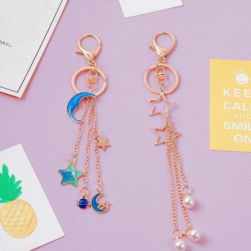 Cute Fairy Keychain Moon Star Imititated Peal Tassels Keyring Charm Women Car Bag Pendent Airpods Accessories Couple Key Chains