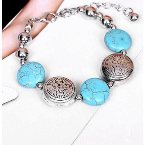 Fashion New Brand Stone Beads Bracelet Women Vintage Silver Plated Bracelets Female Bracelete Feminino Boheme Jewelry Love Gift