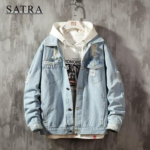 SATRA 2021 New Arrival overalls Jeans Jacket Men, Mens Fashion Cowboy Ripped Distressed Casual Denim Jacket coat