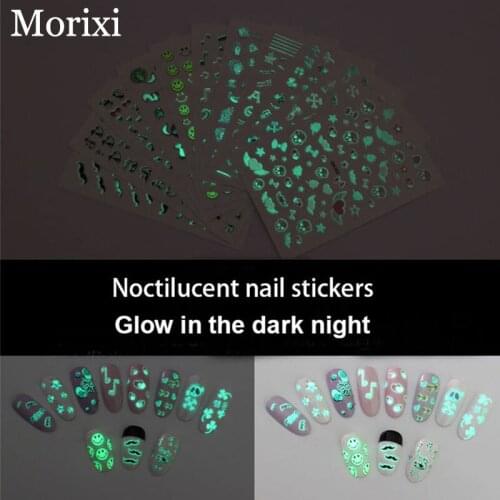11 styls luminous nail art sticker glow in dark self adhesive for 3D manicure heart flower cat water transfer nail decals RA029