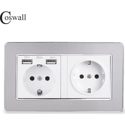 COSWALL Silver Stainless Steel Panel EU Russia Spain Wall Socket With Dual USB Charging Port White Color