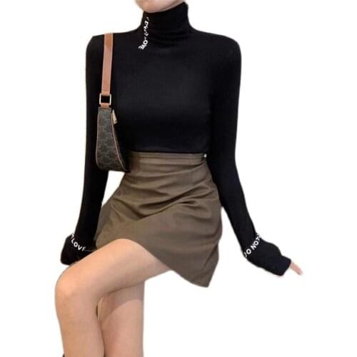 2020 New Autumn Winter Korean Women Bottoming Top Long Sleeve Elastic Pullover Turtleneck T Shirt Soft Fit Slim Based Clothing