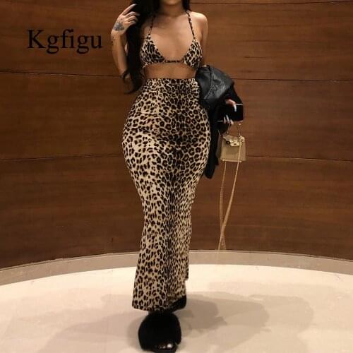 KGFIGU 2021 Summer New Arrival Two Piece Sets For Women Sleeveless Lace Halter Top Lady Sexy Style Sheath Ankle Length Dresses