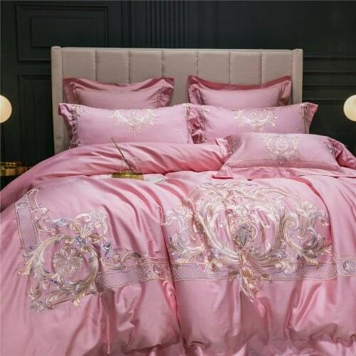 New Premium Luxury 120S Egyptian cotton Embroidered Bedding set Pink Queen King Royal Duvet cover Bed sheet set Pillowcase 4/6pc