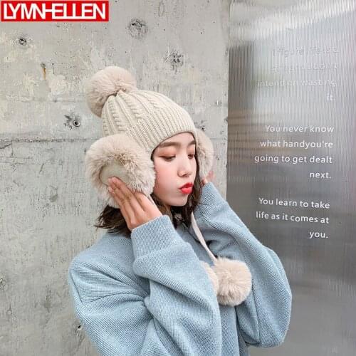 New Thicken Ski Snow Cap New Fashion Fur PomPoms Winter Women Beanie Hats Female Warm Gloves + Knit Hat Set