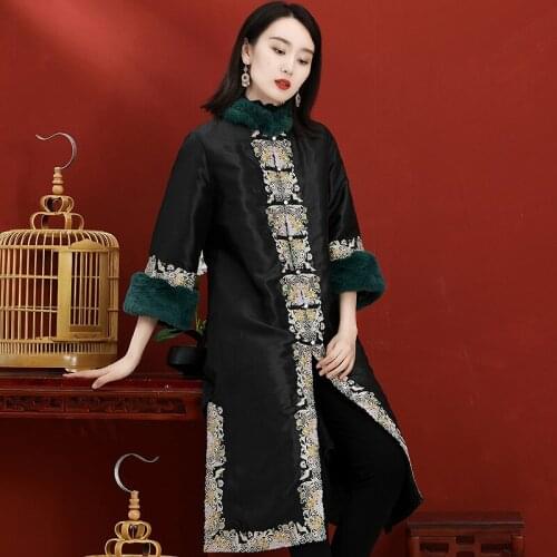 Single-Breasted Cotton Coat Women Retro Embroidery Mid-Length Autumn And Winter Over The Knee Chinese Style Lady Clothing M-2XL