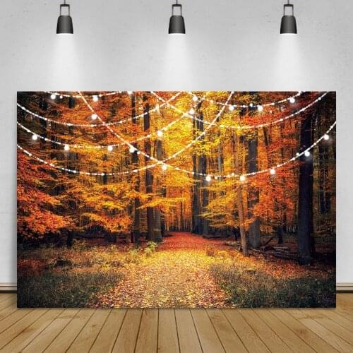 Autumn Forest Tree Fallen Leaves Woodland Bulb Light Party Natural View Photographic Background Photo Backdrop For Photo Studio