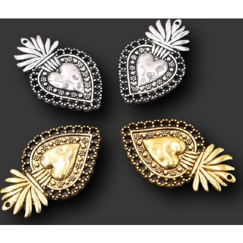 6pcs/lot Christian Acred Sacred Heart Charm Mexico Milagro Flame Heart Pendant Shiny Silver Plated Tones 40*24mm A2274