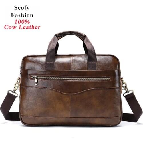 Men High Quality Retro Genuine Leather Briefcase Solid Vintage Large Capacity Laptop Business Handbag Travel Crossbody Bag