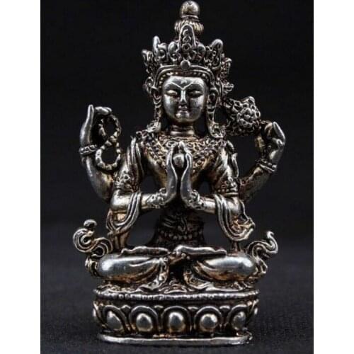 SUPERB TIBET DECORATED HANDWORK OLD MIAO SILVER CARVED BUDDHA WONDERFUL STATUE