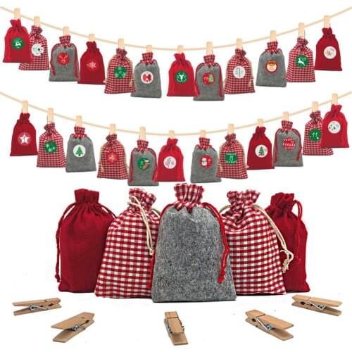 Christmas Advent Calendar Countdown Bags DIY Candy Pouch Xmas Decoration Sacks Clip Rope Stickers Sets Party Festive Supplies