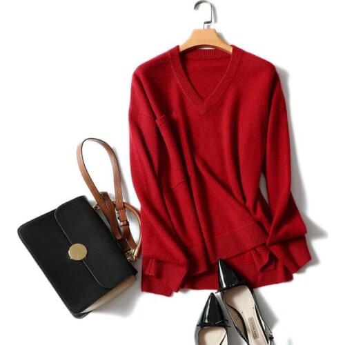 Shuchan 100% Cashmere V-neck Sweater Oversize Knitted Sweater Pocket Pullover 2018 Casual Winter Cashmere Sweater