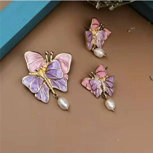 Court retro simple handmade enamel dripping oil freshwater pearl Butterfly Brooch 925 silver pin exquisite ear pin pin