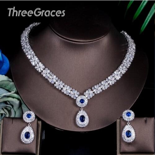ThreeGraces Gorgeous Silver Color CZ Large Royal Blue Water Drop Necklace Earrings African Jewelry Sets For Brides JS029