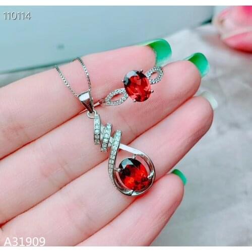 KJJEAXCMY Fine jewelry 925 sterling silver inlaid natural garnet female pendant necklace ring set support detection