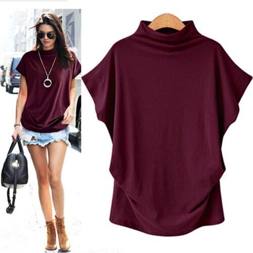 S-5XL Large Summer Latest Womens Fashion High Collar Bat Sleeve Short Sleeve Top Solid Color Loose Short Sleeve T-Shirt