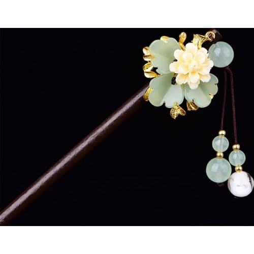 Top Handmade Vintage Wood Chinese Hair Stick Pins Headpiece For Women Lampwork Flower Hairpins Women Hair Head Jewelry Gift