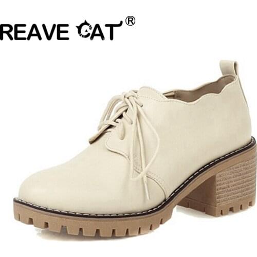 REAVE CAT 2021 Retro Ladies Pumps College Style Ruffles Platforms Lace Up Round Toe 6CM Chunky Heel Shoes US12 Black Beige A4398