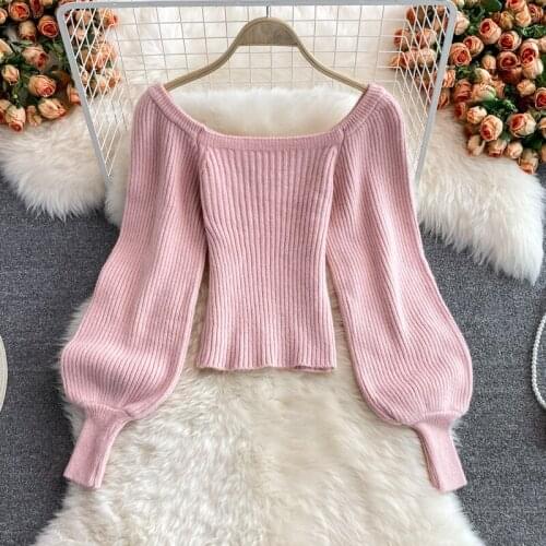 Retro Square Collar Lantern Sleeves Women Knitted Top Chic Autumn Winter Short Knitted Sweater T-shirt