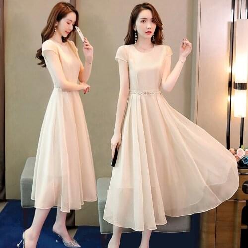 Summer Belt Big Swing Short Sleeve O-neck A-line Chiffon Navy Blue Pink Beige Simple Holiday Solid Color Women Dresses
