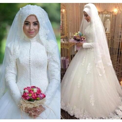 2021 Muslim High Neck Long Sleeves Lace Wedding Dresses Applique Modest Plus Size Bridal Gowns Vestidos Mariee