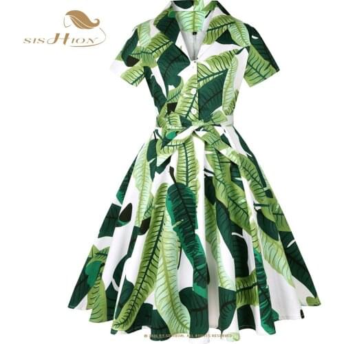 Short Sleeve Cotton Summer Dress Robe Femme SD0002 Green Floral 50s 60s Vintage Rockabilly Women Dress