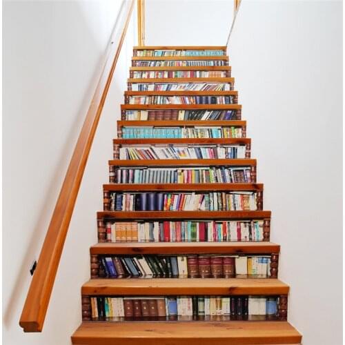 13 Pieces/Set Creative DIY 3D Stairway Stickers Library Bookcase Pattern for House Stairs Decoration Big Staircase Wall Sticker