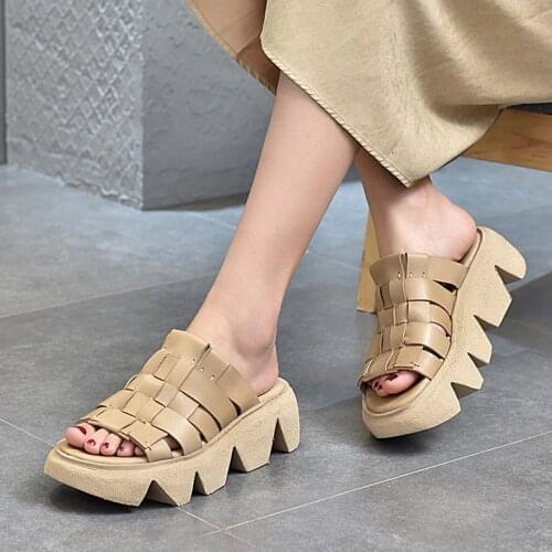 21 Summer Thick-soled Leather Sandals and Slippers Womens Hand-woven First Layer Leather Outer Wear Sponge Cake with Flip-flop