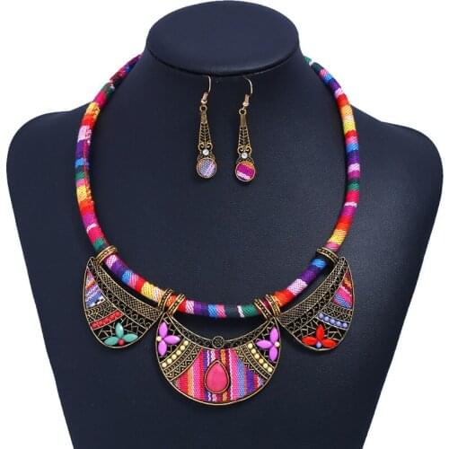 3 Colors Women Jewelry Sets Ethnic Braided Rope Chain Inlaid Stone Pendants Collar Bib Choker Necklace Dangle Earrings Sets