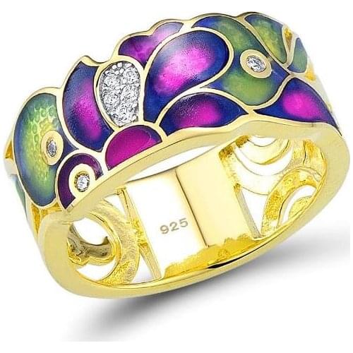 Bohemia Jewelry Handmade Enamel Rings for Women Luxury Yellow Gold Color Flower Dazzling Zircon Finger Ring Anniversary Gift