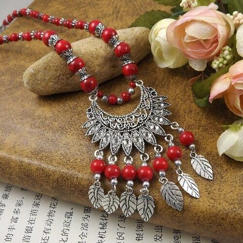 Bohemia Ethnic Style Natural Stone Turquoises Necklace Alloy Pendant Metal Feather Tassel Necklace Jewelry Accessories Female