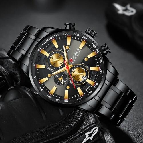 CURREN Black Gold Watch for Men Fashion Quartz Sports Wristwatch Chronograph Clock Date Watches Stainless Steel Male Watch