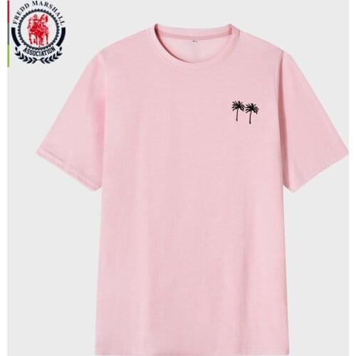 FREDD MARSHALL 2021 Summer New Coconut Tree Print T-Shirt Men Casual Solid Color Short Sleeve T Shirts Classic Tees Tops 3142