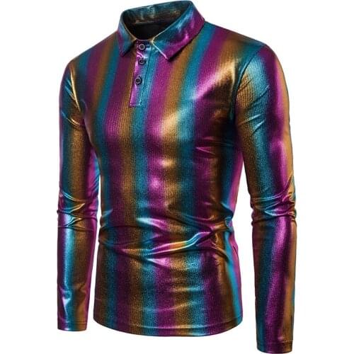 New Men Hip-hop RainbowPrinted Long sleeve T-shirt Fashion nightclub stage performance Slim StreetwearCasual T shirt tee top