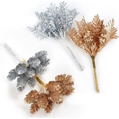 10pcs Artificial Gold Silver Pine Plants Branches Wedding Home Party Decorations DIY Christmas Tree Handmade Craft Accessories