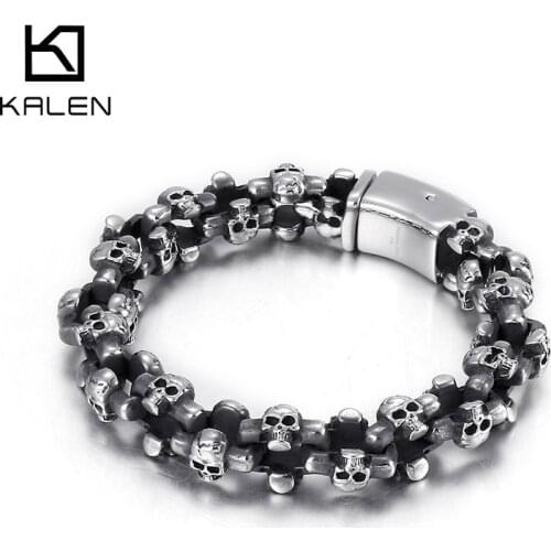Karen Gothic Skull Bracelet Mens Stainless Steel Glossy Skull Charm Chain Punk Jewelry