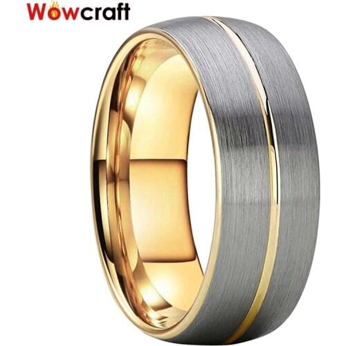8mm Gold Tungsten Carbide Rings for Men Women Wedding Bands Grooved Center Domed Brushed Finish Free Engraved Inside