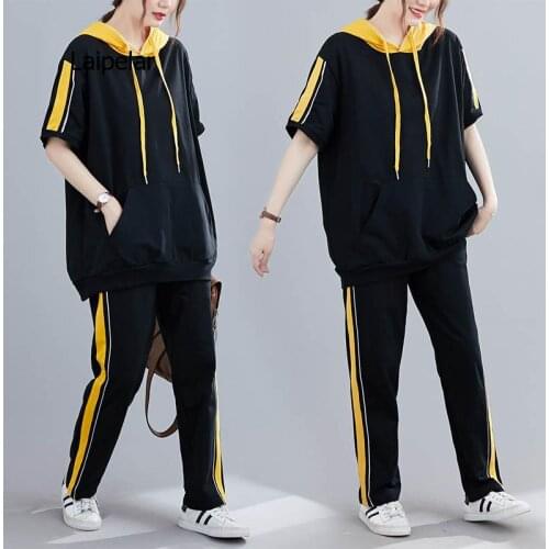 Summer striped hooded sports suit women plus size bust 150cm 6XL 7XL 8XL 9XL loose casual thin sports suit women black color