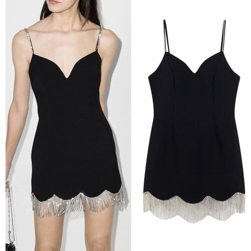 Fashion women dresses sexy strapless mini A-line diamonds tassel party club dress sleeveless spring summer autumn shining ins